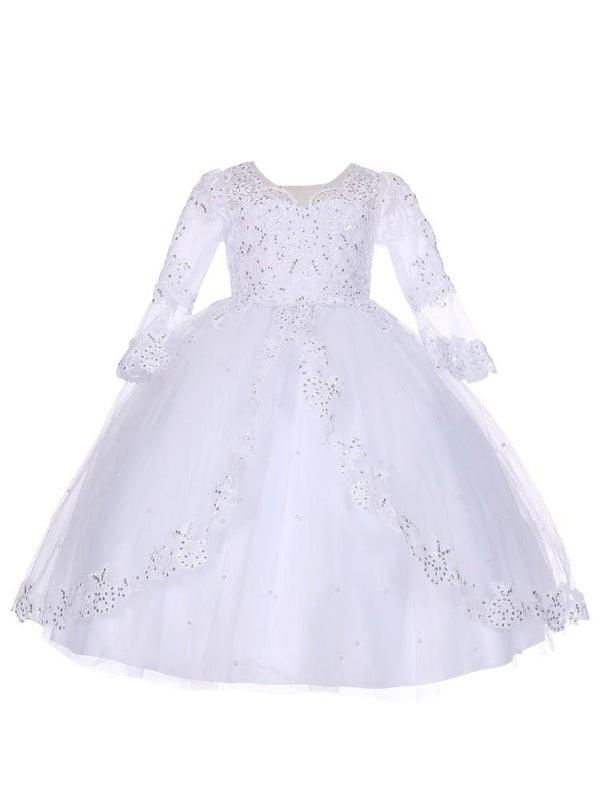 Rain Kids Girls Sequin Beaded Lace Long Sleeves Dress with Matching Headband Sizes 6M-6T - SophiasStyle.com